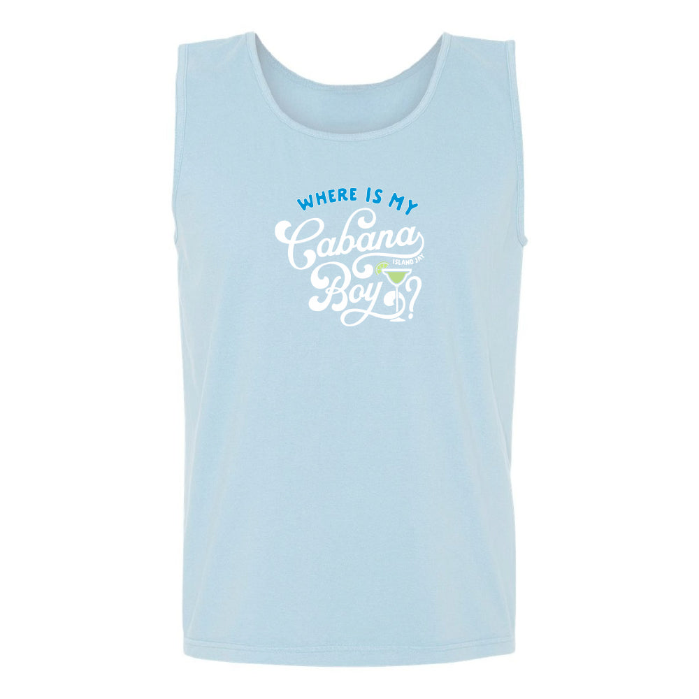 Light blue tank top with text 'WHERE IS MY Cabana Boy' on a white background