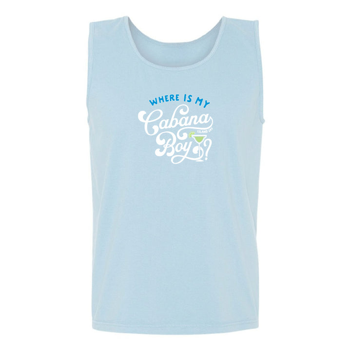 Light blue tank top with text 'WHERE IS MY Cabana Boy' on a white background