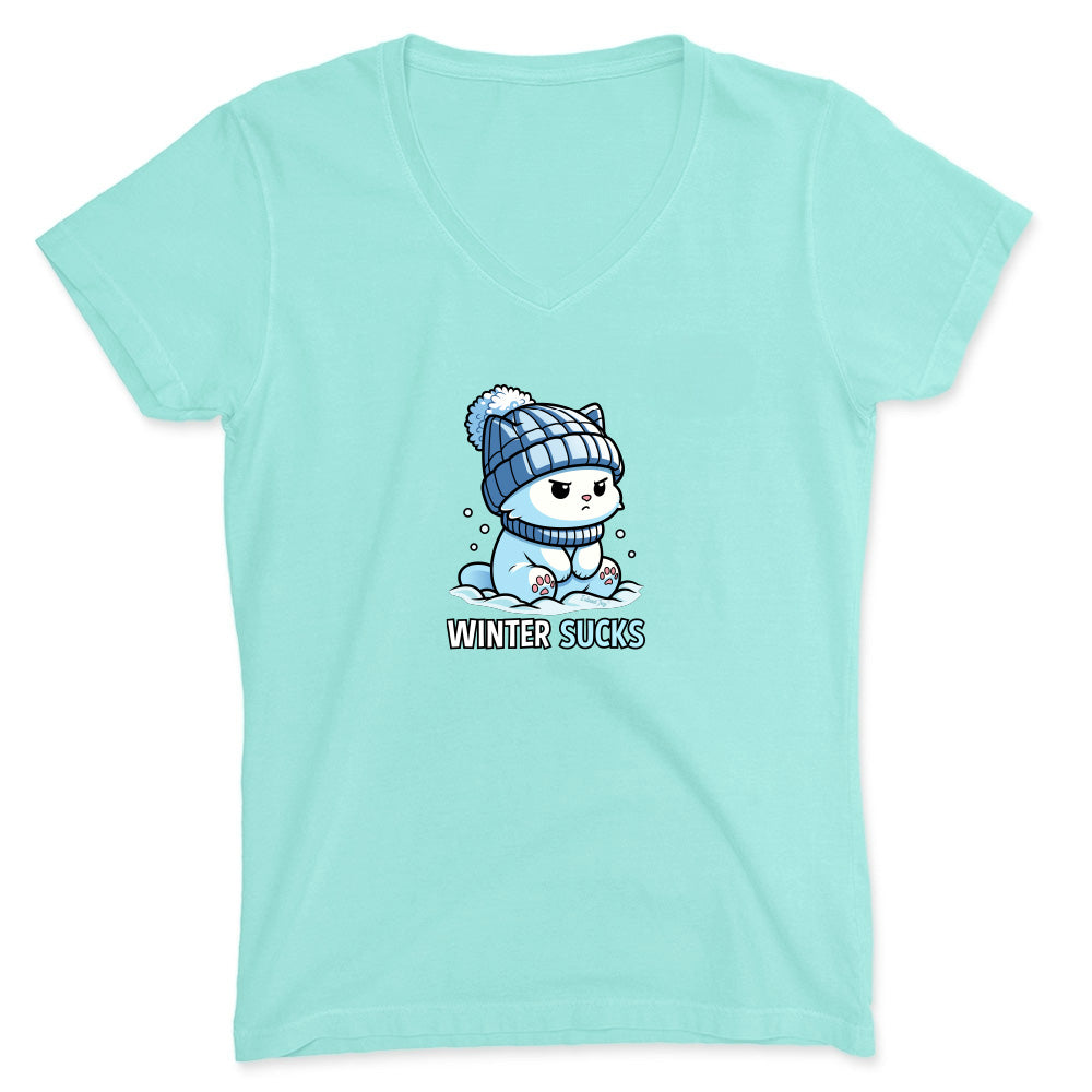 Light blue t-shirt with a cartoon penguin wearing a winter hat and scarf, and the text 'Winter Sucks' on a white background.