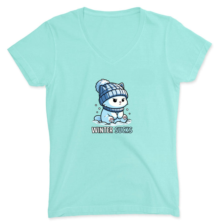 Light blue t-shirt with a cartoon penguin wearing a winter hat and scarf, and the text 'Winter Sucks' on a white background.
