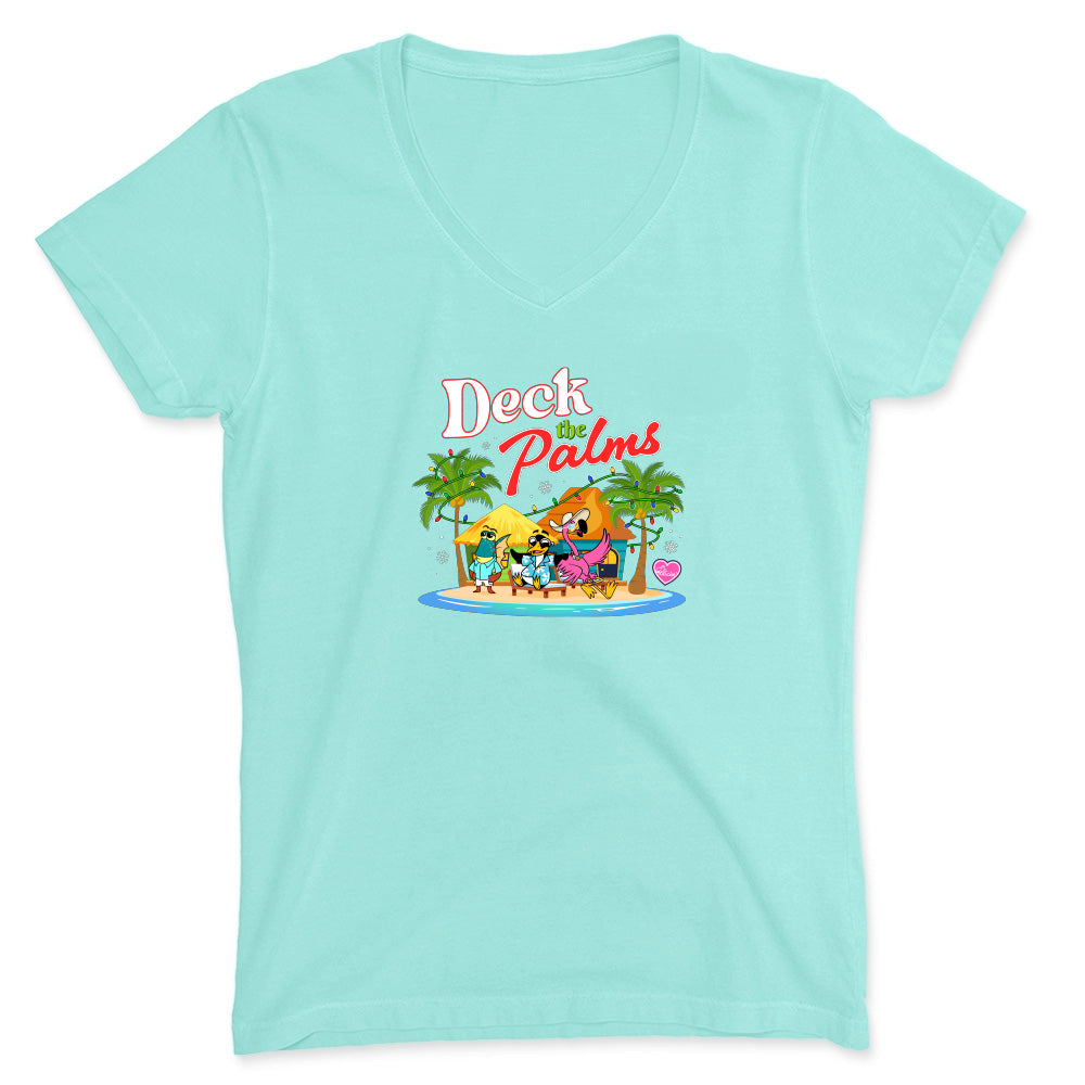 Light blue t-shirt with 'Deck of Palms' graphic design on a white background