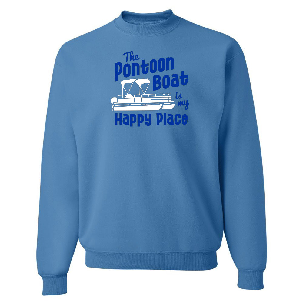 Blue sweatshirt with 'The Pontoon Boat is my Happy Place' text and graphic on a white background
