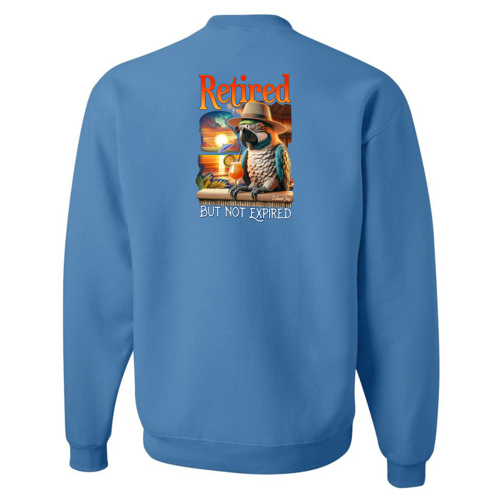 Blue sweatshirt with a parrot graphic and text on the back, on a white background