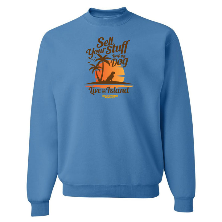 Blue sweatshirt with a tropical graphic and text on a white background