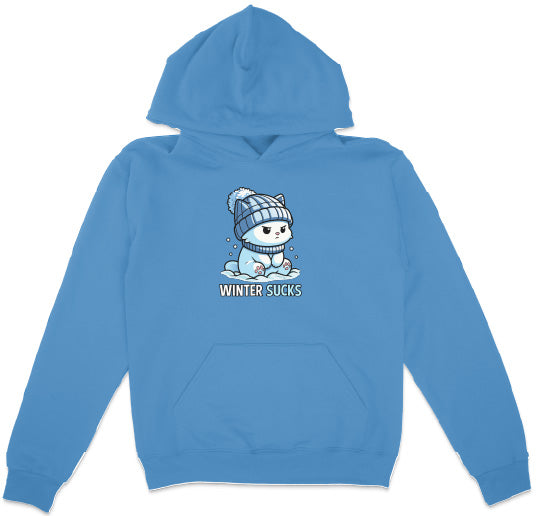 Blue hoodie with a graphic of a bear in winter clothing and 'Winter Sucks' text on a white background.