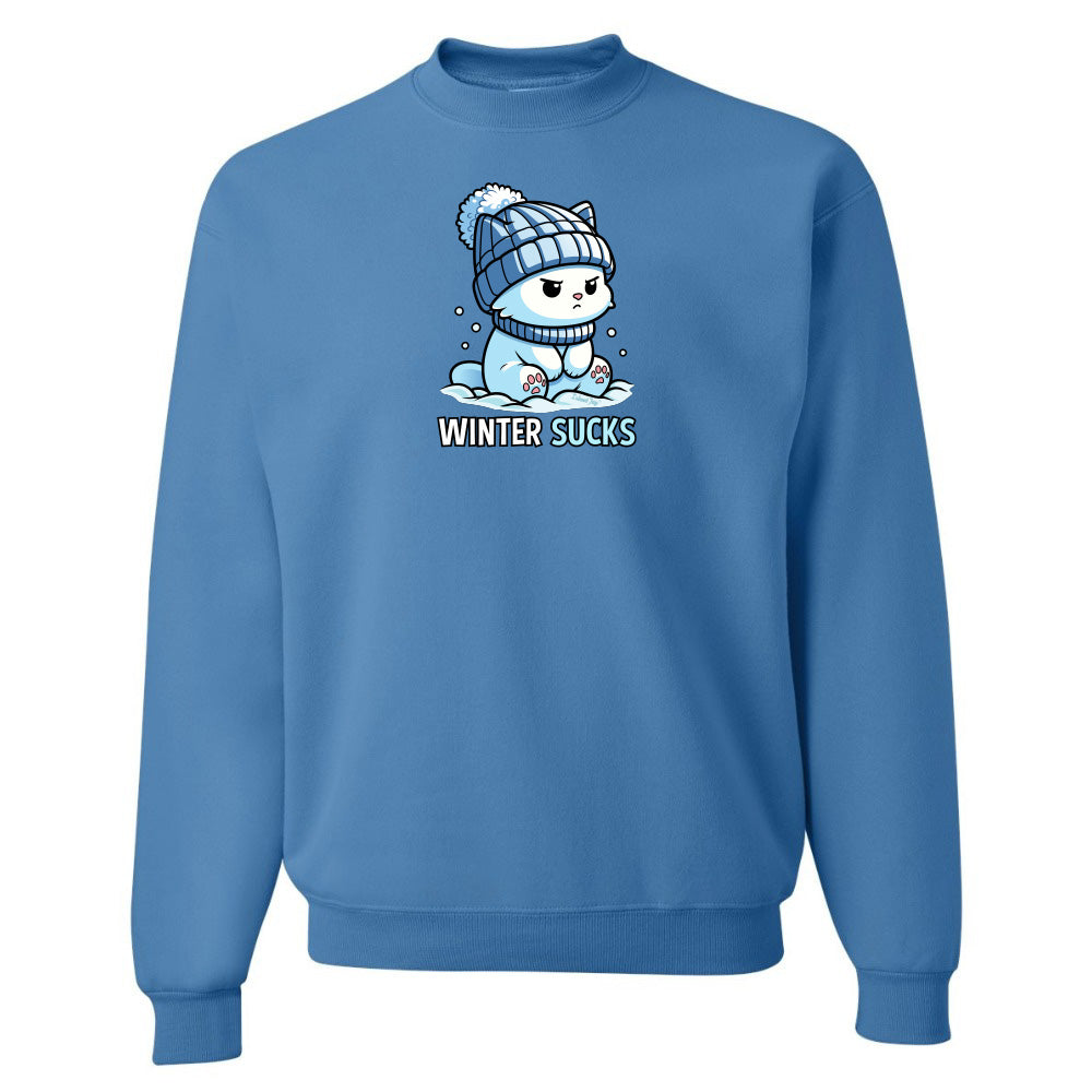 Blue sweatshirt with a cartoon character and 'Winter Sucks' text on a white background