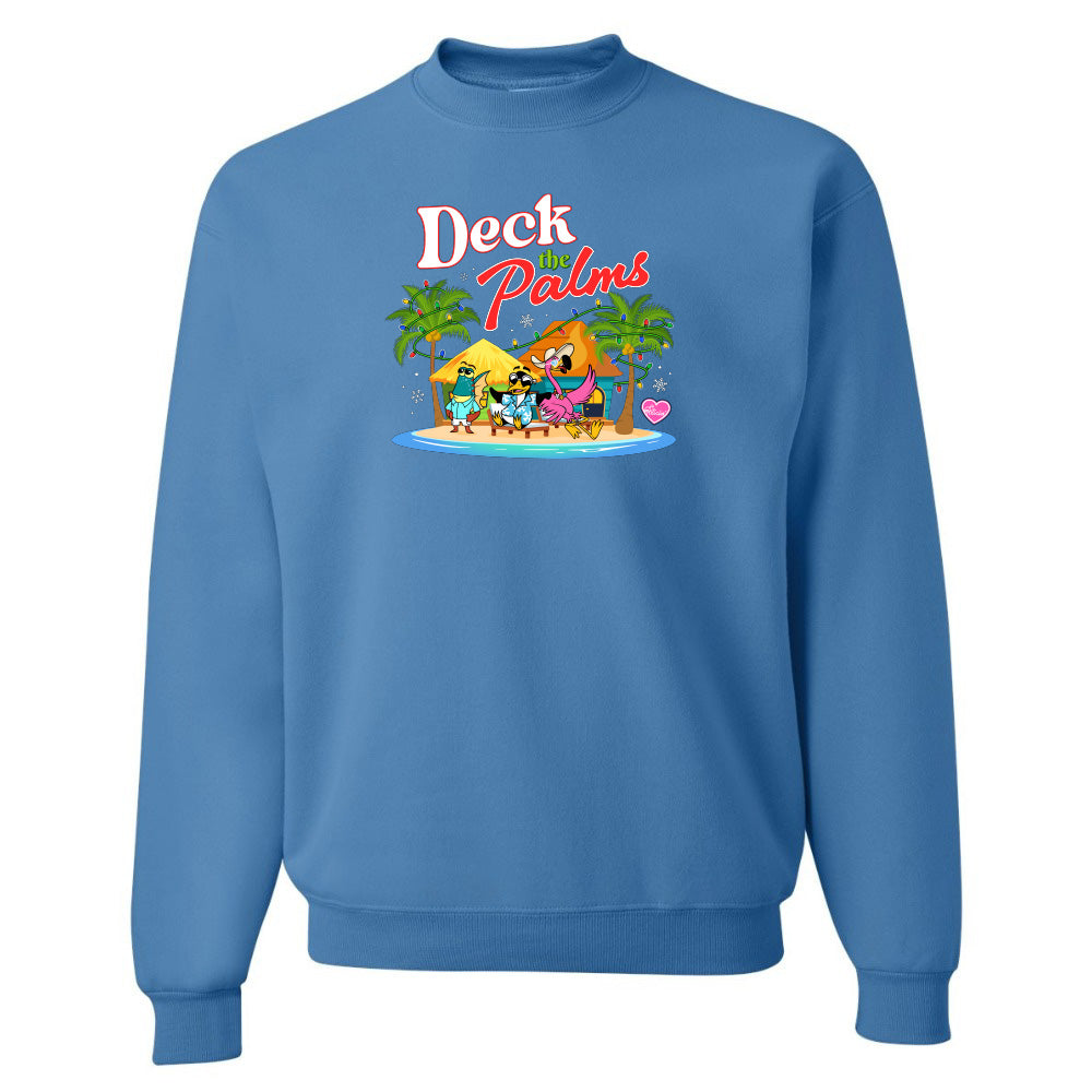 Blue sweatshirt with 'Deck the Palms' graphic design on a white background