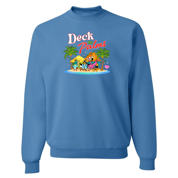 Blue sweatshirt with 'Deck the Palms' graphic design on a white background