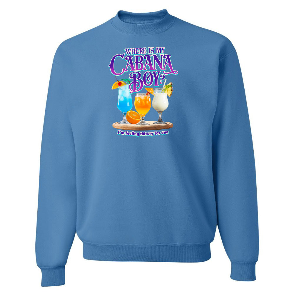 Blue sweatshirt with a graphic of drinks and text on a white background