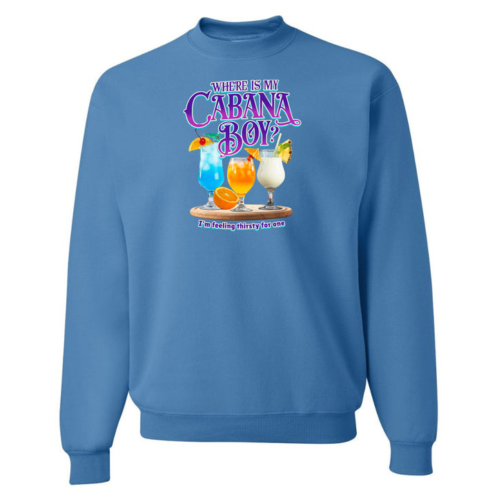Blue sweatshirt with a graphic of drinks and text on a white background