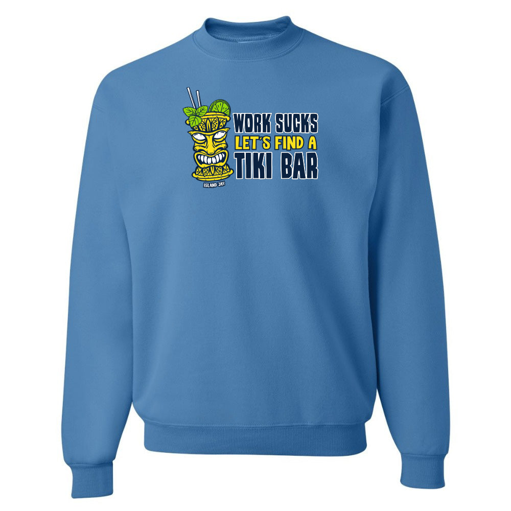 Blue sweatshirt with a tiki bar graphic and text on a white background