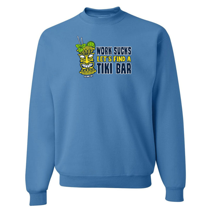 Blue sweatshirt with a tiki bar graphic and text on a white background