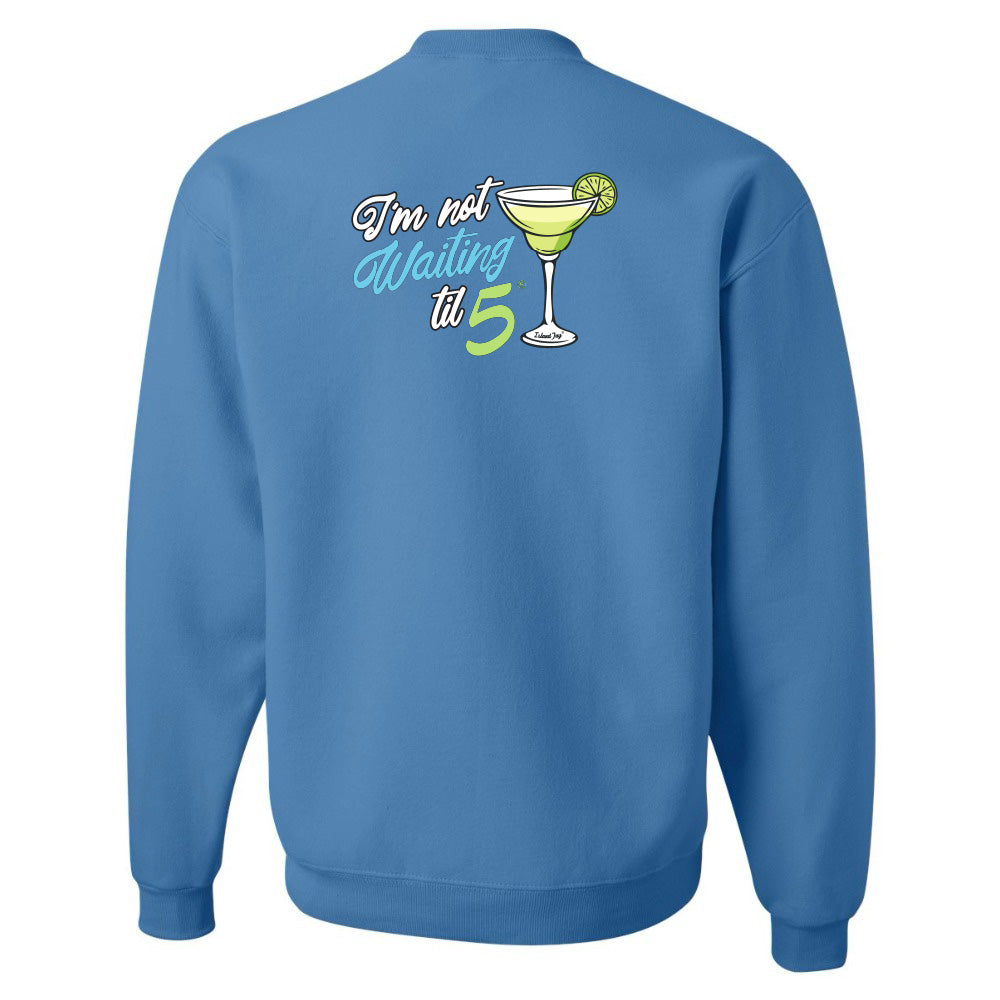 Blue sweatshirt with a graphic and text on the back against a white background