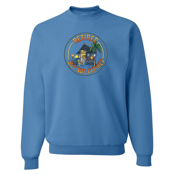Blue sweatshirt with a retirement-themed graphic on a white background