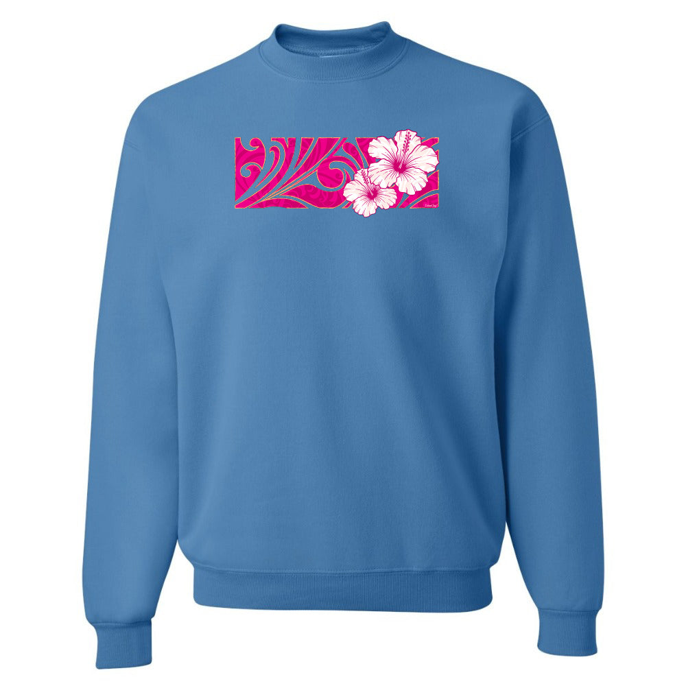 Blue sweatshirt with pink floral design on a white background