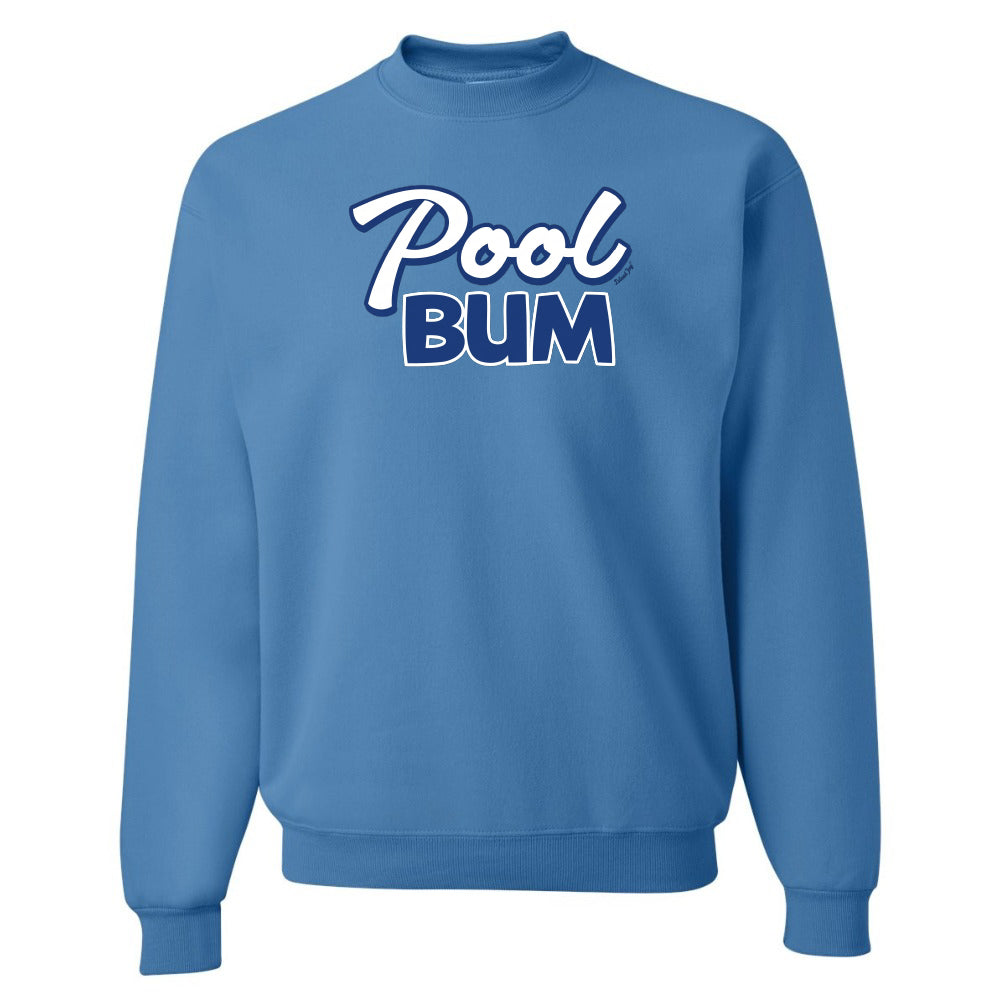 Blue sweatshirt with 'Pool Bum' text on a white background