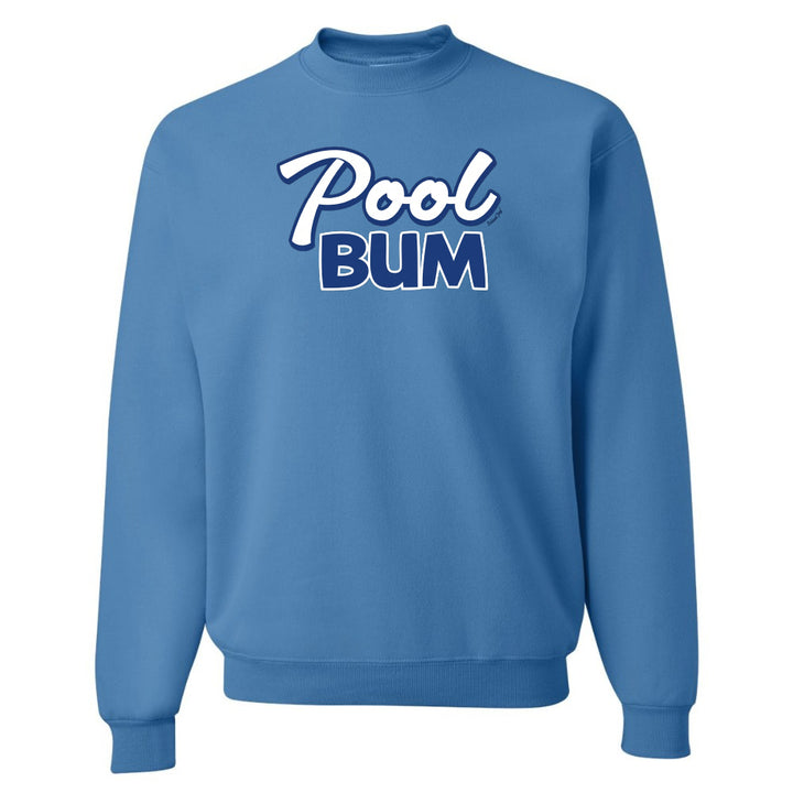 Blue sweatshirt with 'Pool Bum' text on a white background