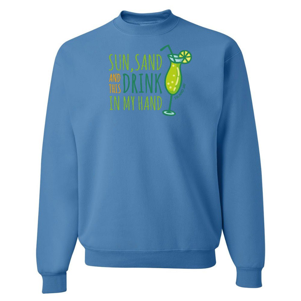 Blue sweatshirt with a graphic and text on a white background