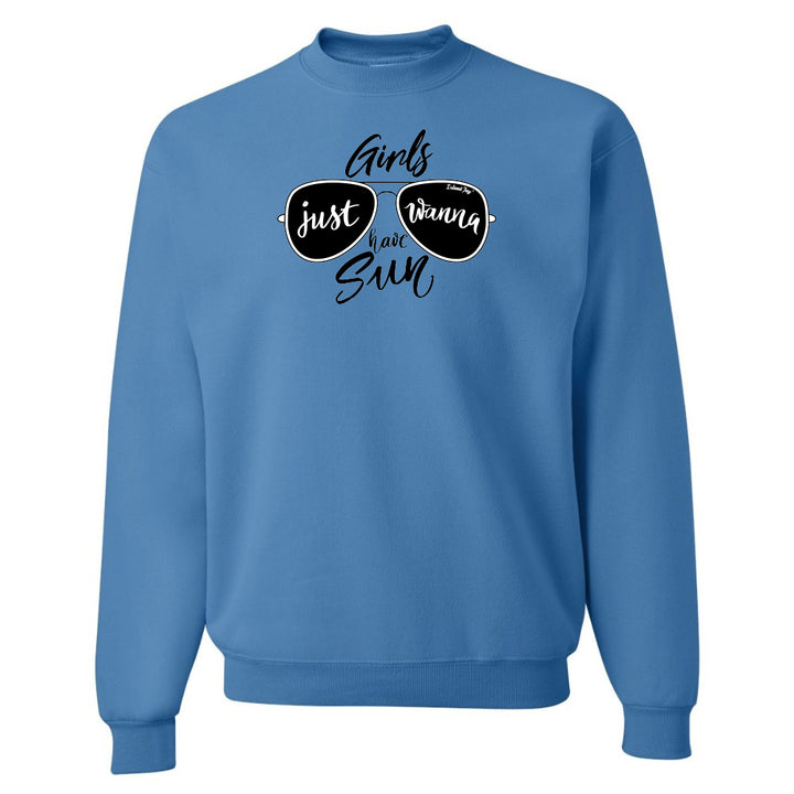 Blue sweatshirt with sunglasses graphic and text on a white background