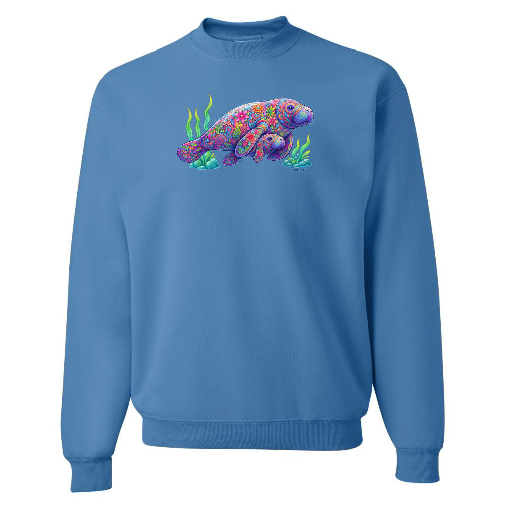 Blue sweatshirt with a colorful sea turtle design on a white background