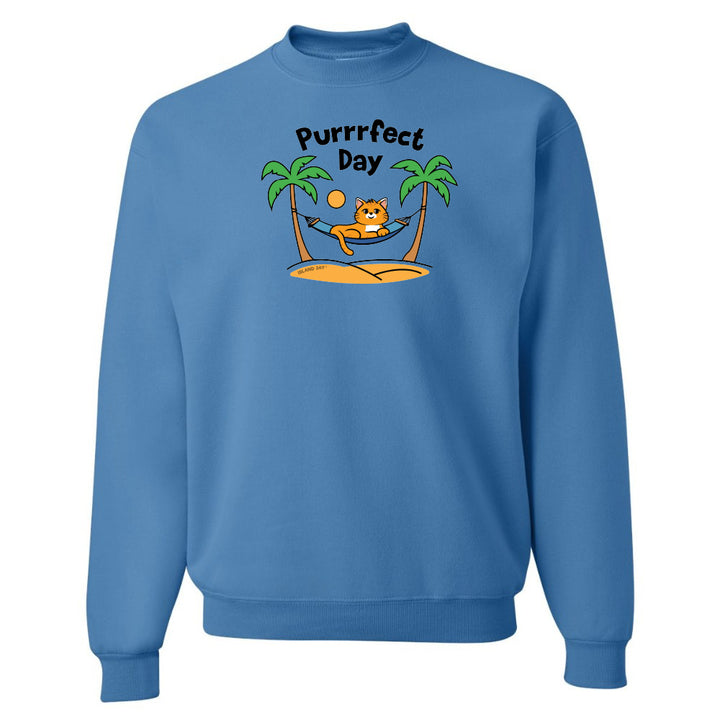 Blue sweatshirt with a cat graphic and 'Purrfect Day' text on a white background