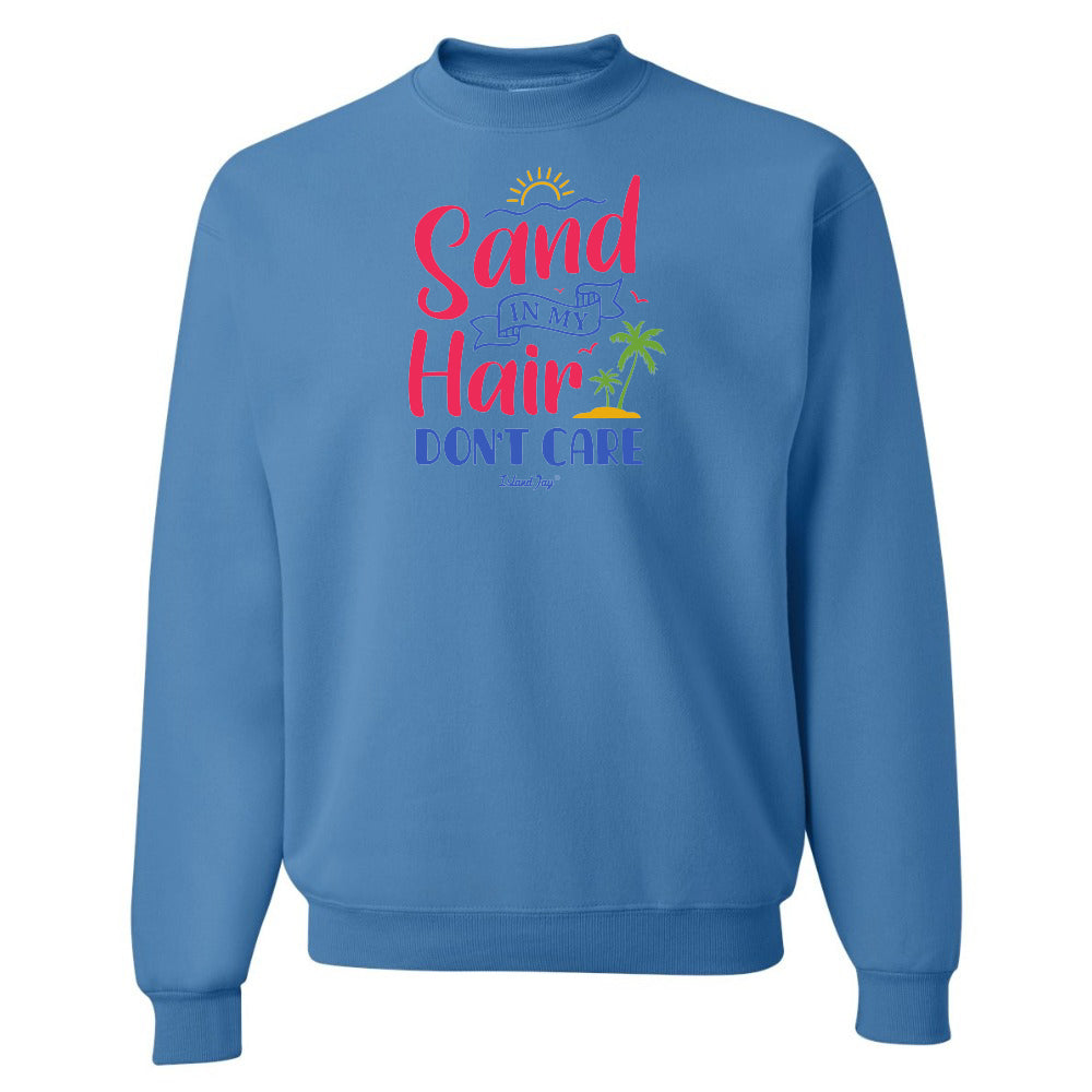 Blue sweatshirt with colorful text and graphics on a white background