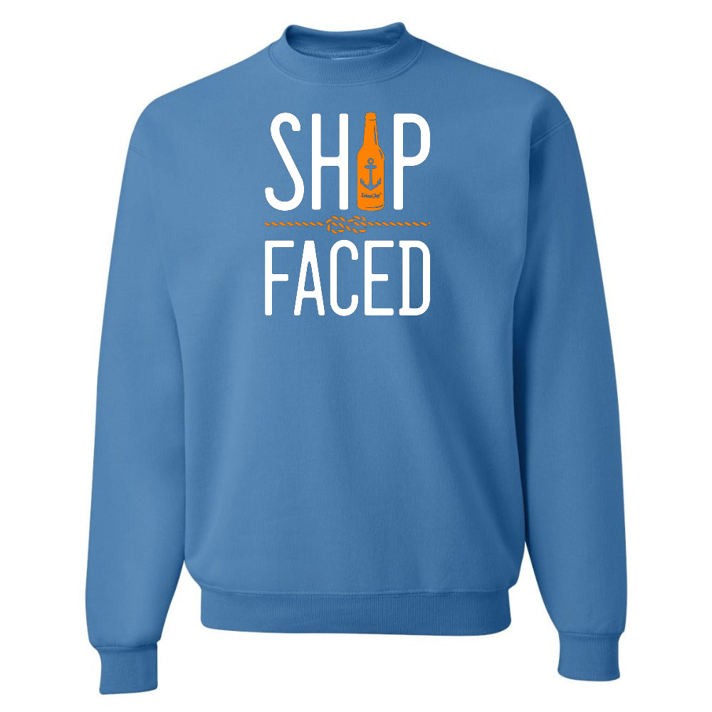 Blue sweatshirt with 'SHIP FACED' text and bottle graphic on a white background