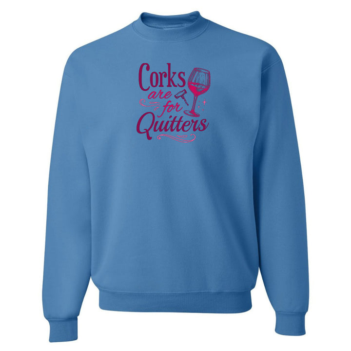 Blue sweatshirt with pink text and wine glass graphic on a white background