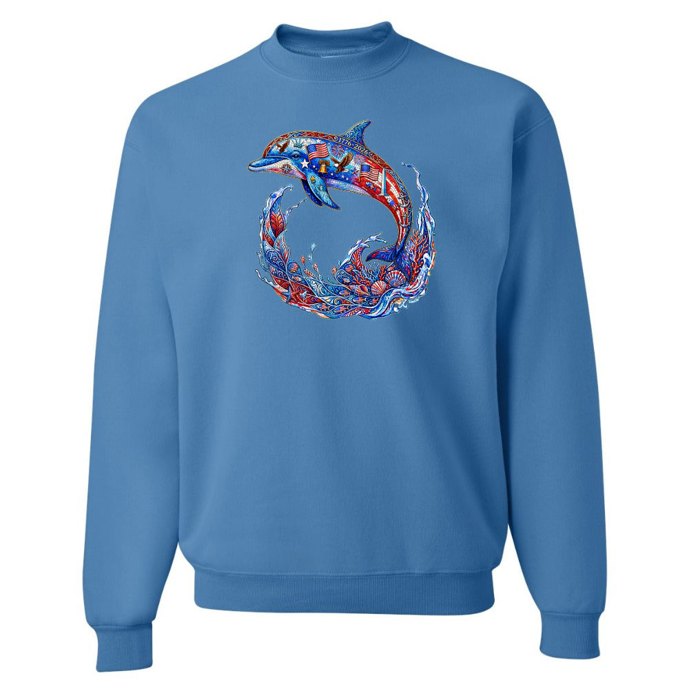Blue sweatshirt with a colorful dolphin design on a white background