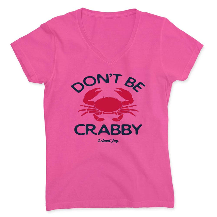 Hot Pink colored t-shirt with a Don't Be Crabby Logo on the front.  The text "Don't be Crabby" with a large red crab in the middle.