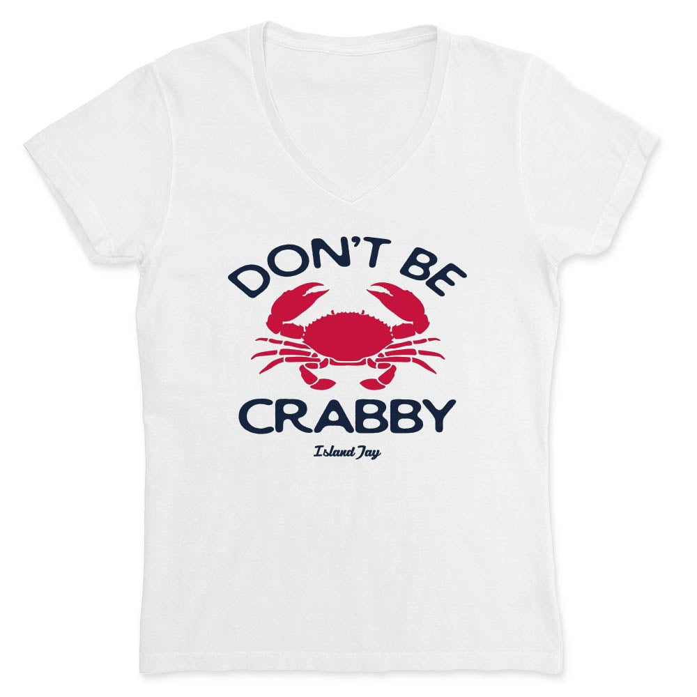 white colored t-shirt with a Don't Be Crabby Logo on the front.  The text "Don't be Crabby" with a large red crab in the middle.