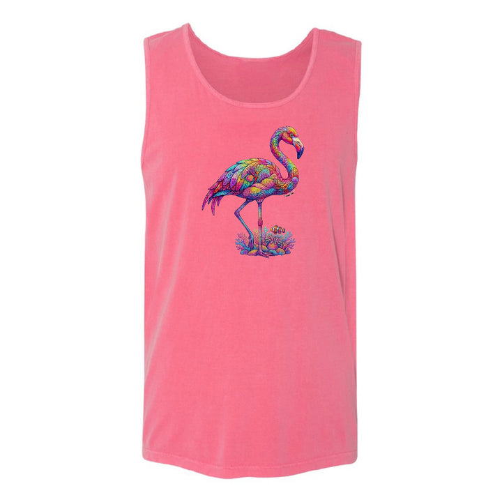 Pink tank top with a colorful flamingo design on a white background