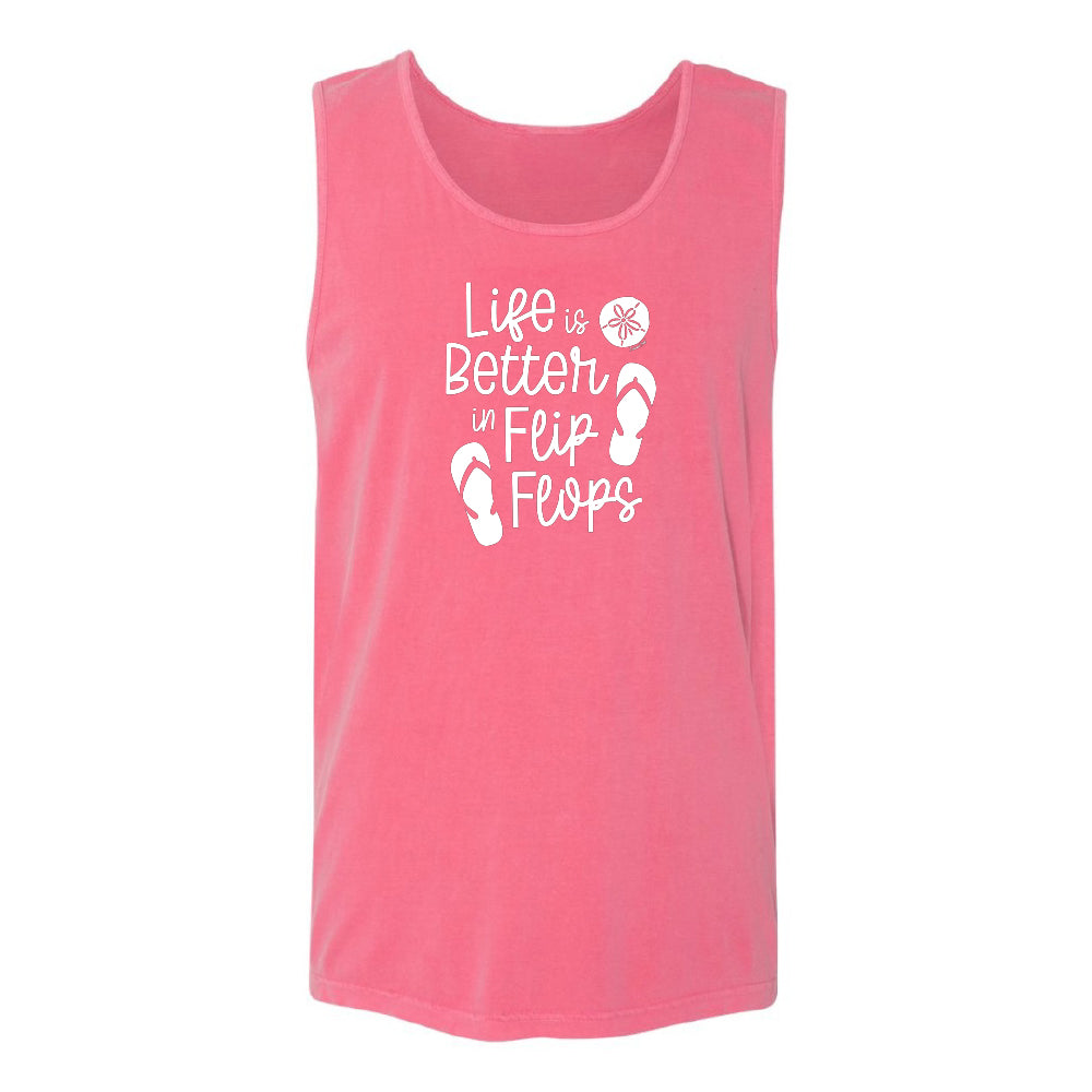 Pink tank top with 'Life is Better in Flip Flops' text and footprints on a white background