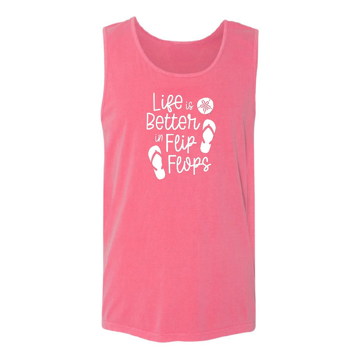 Pink tank top with 'Life is Better in Flip Flops' text and footprints on a white background
