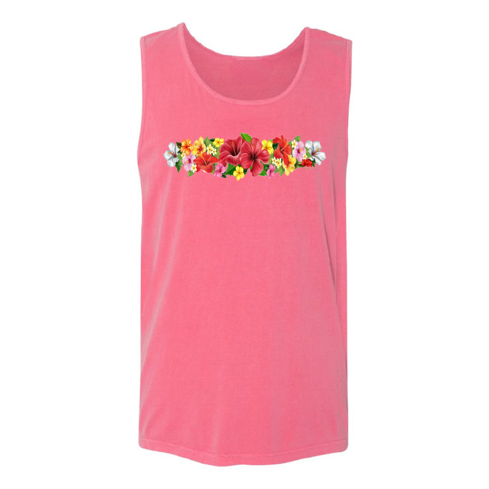 Pink tank top with colorful floral design on a white background