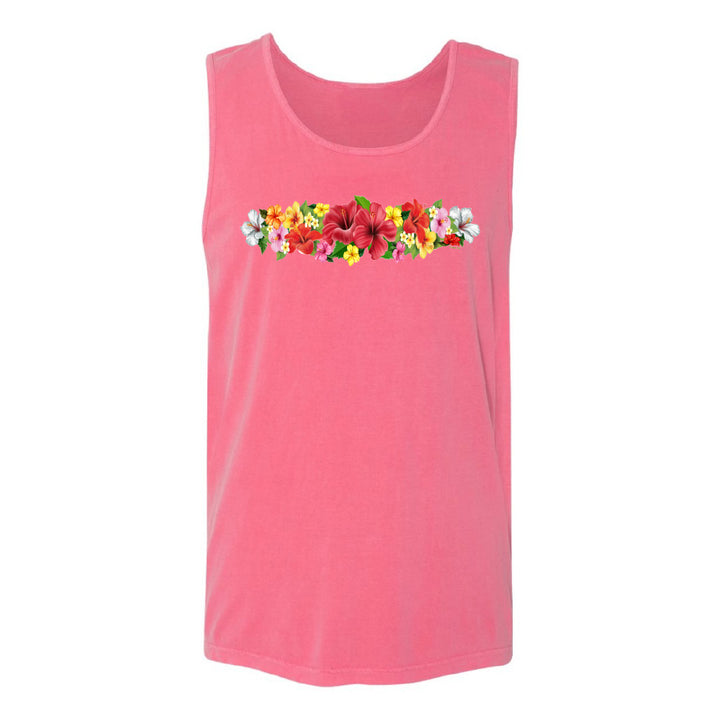 Pink tank top with colorful floral design on a white background
