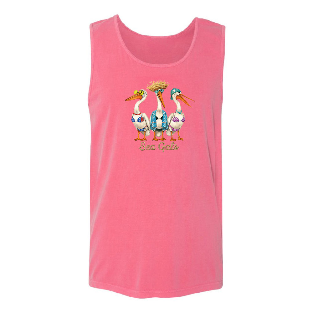 Pink tank top with a graphic of three pelicans and 'Sea Girls' text on a white background
