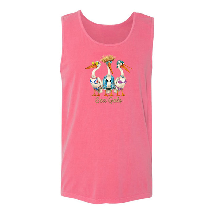 Pink tank top with a graphic of three pelicans and 'Sea Girls' text on a white background