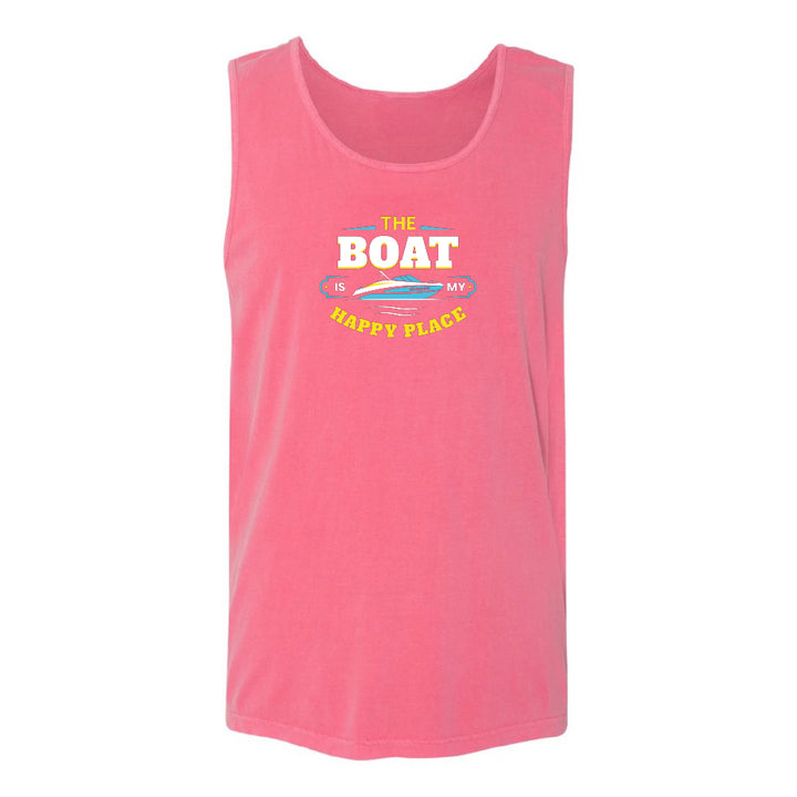 Pink tank top with 'The Boat is My Happy Place' text and graphic on a white background
