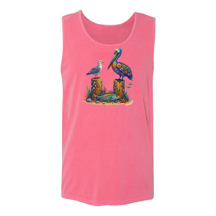 Pink tank top with a colorful pelican design on a white background