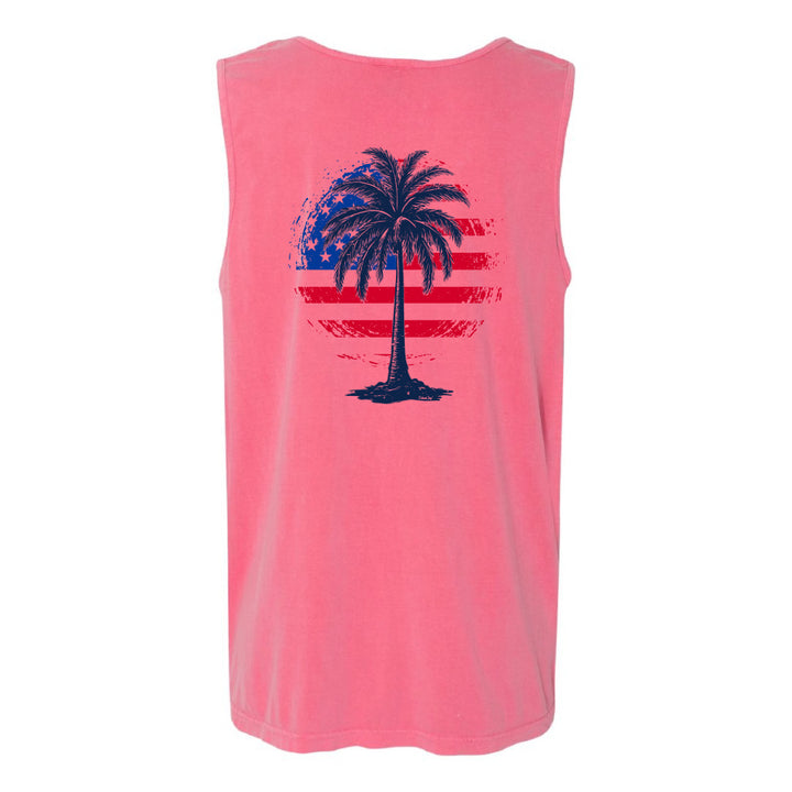 Pink tank top with a palm tree design on a white background