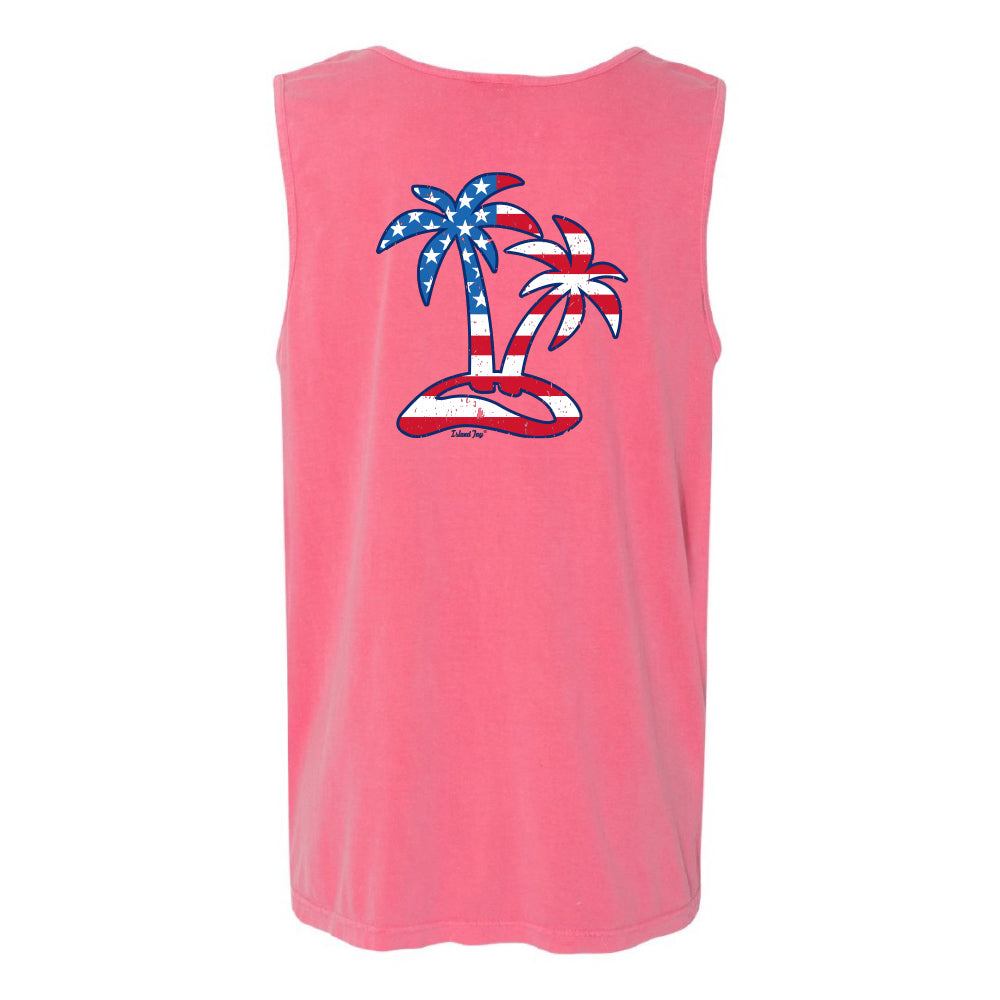 Pink tank top with a palm tree design featuring American flags on a white background