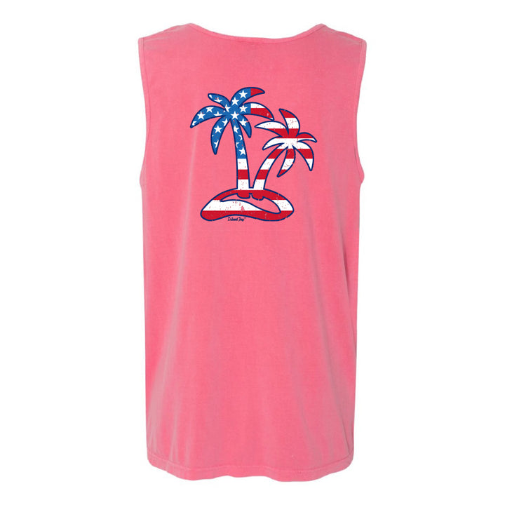 Pink tank top with a palm tree design featuring American flags on a white background