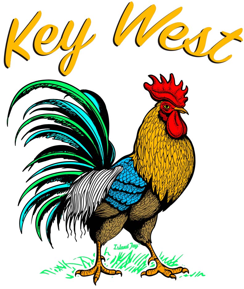 Colorful rooster illustration with 'Key West' text 