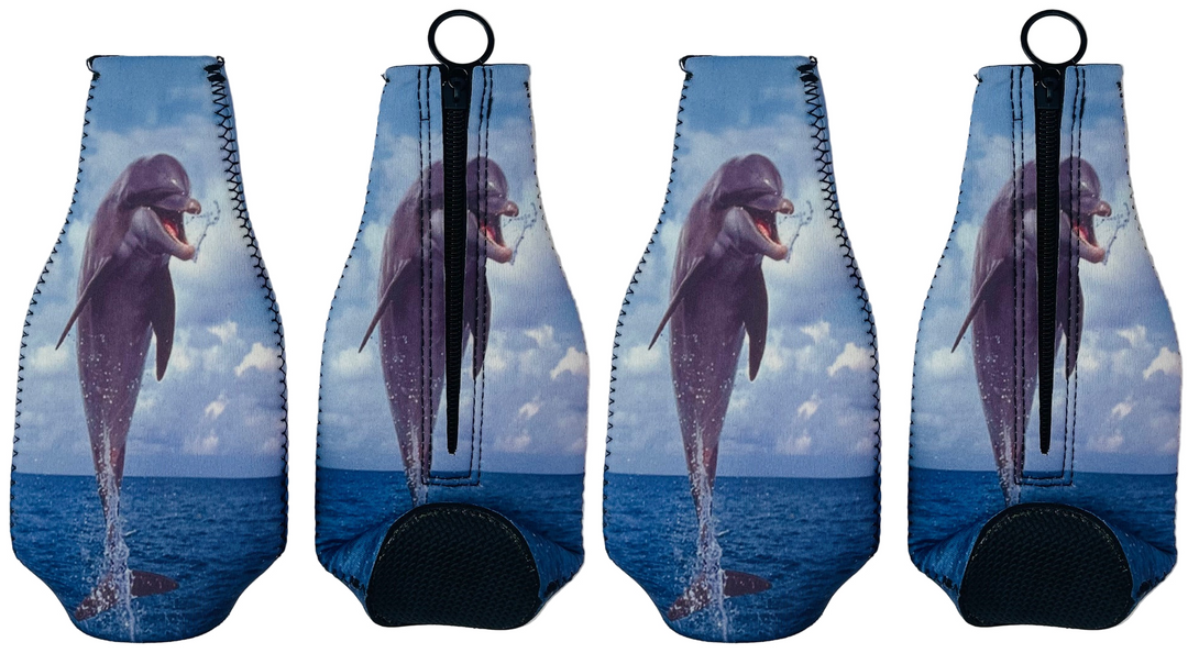 Four bottle coolers with dolphin designs on a blue ocean and sky background.
