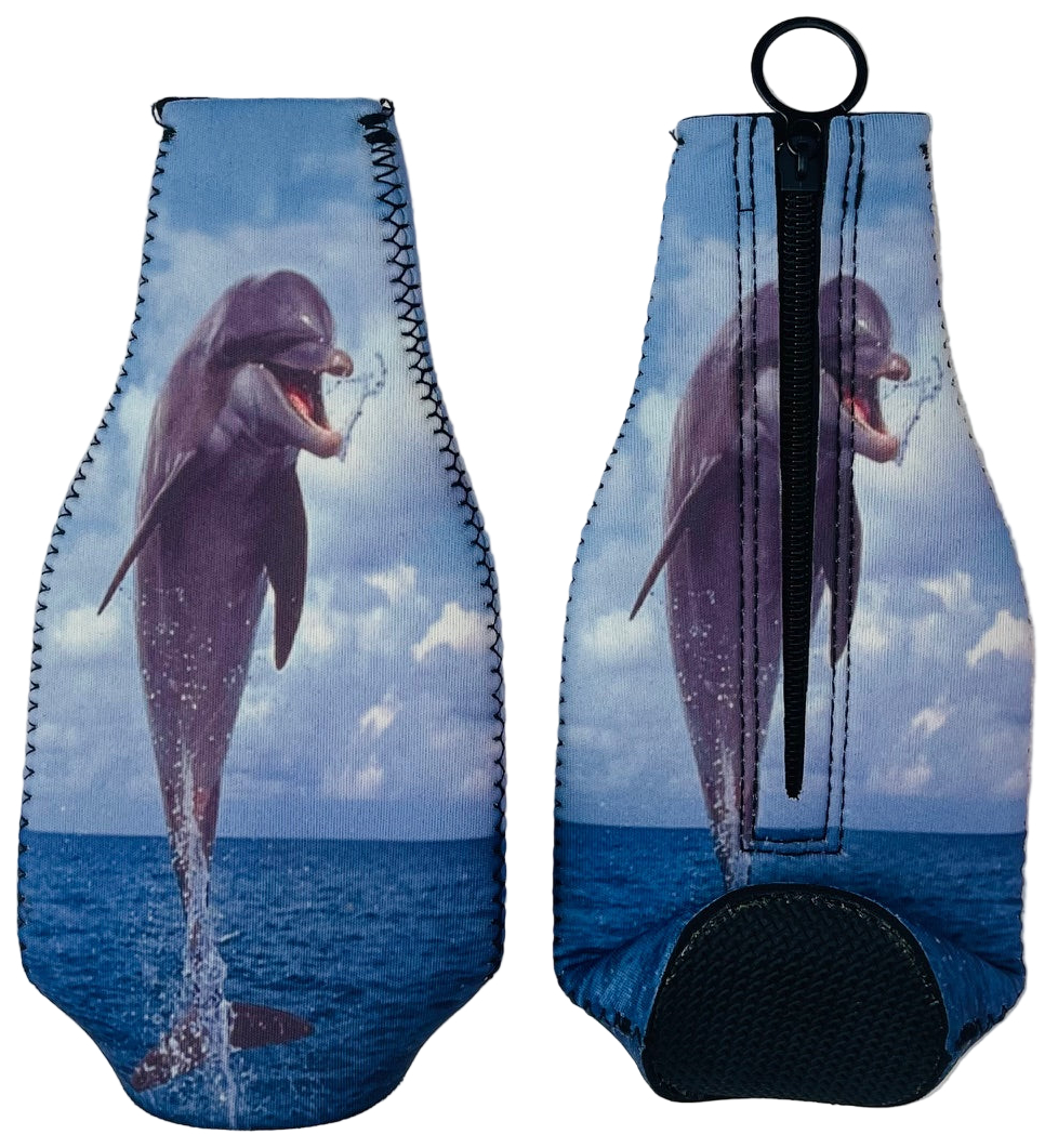 Neoprene bottle holder with dolphin design on a blue ocean and sky background