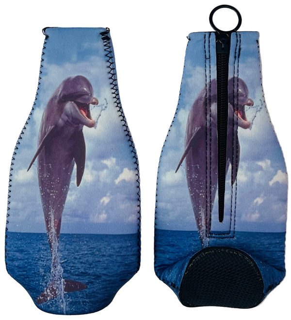 Neoprene bottle holder with dolphin design on a blue ocean and sky background