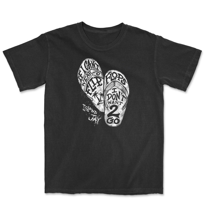 Black t-shirt with white flip-flop design and text on a white background