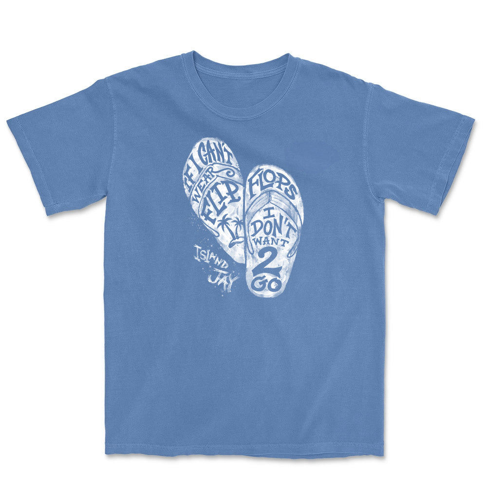 Blue t-shirt with white flip-flop design and text on a white background