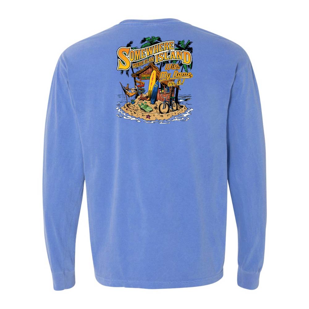 Blue long-sleeve shirt with a tropical island graphic on the back